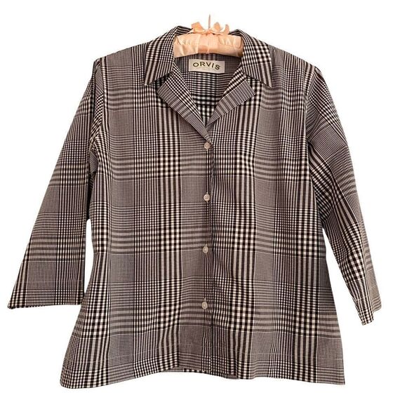 Orvis Houndstooth Cotton Blend Stretch Blouse 3/4 Sleeves Black + White Small - Picture 1 of 6